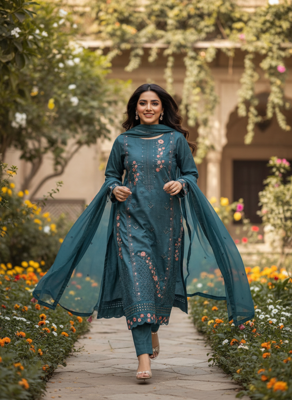 Woman in a teal embroidered outfit walking through a garden with flowers and a building in the background.